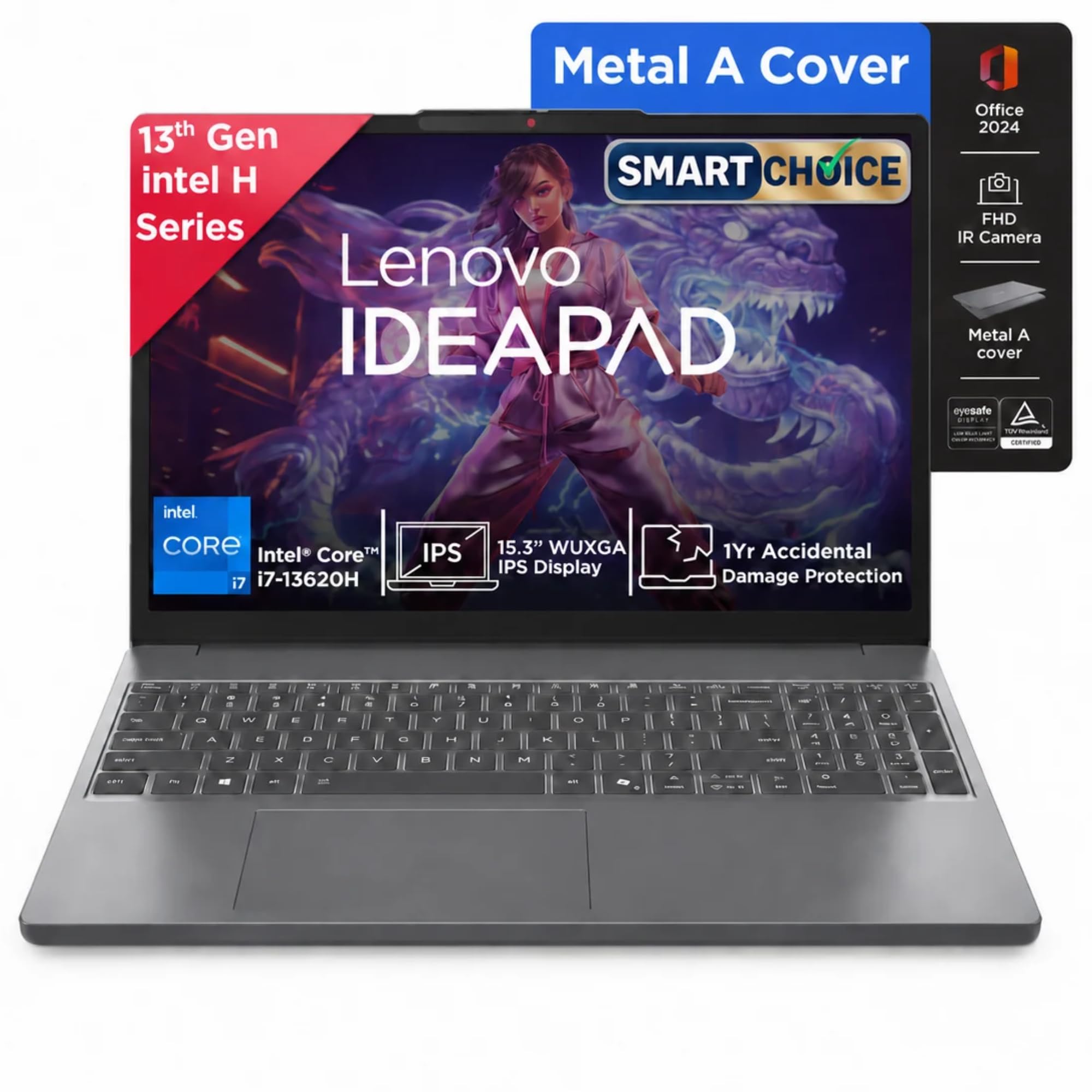 Lenovo IdeaPad Slim 3 Smartchoice 13th Gen Intel Core i7-13620H 15.3 inch (38.8cm) WUXGA IPS Laptop (16GB RAM/512GB SSD/Windows 11/Office 24/Metal A Cover/Backlit Keyboard/Luna Grey/1.6Kg), 83K101JGIN - Image 1