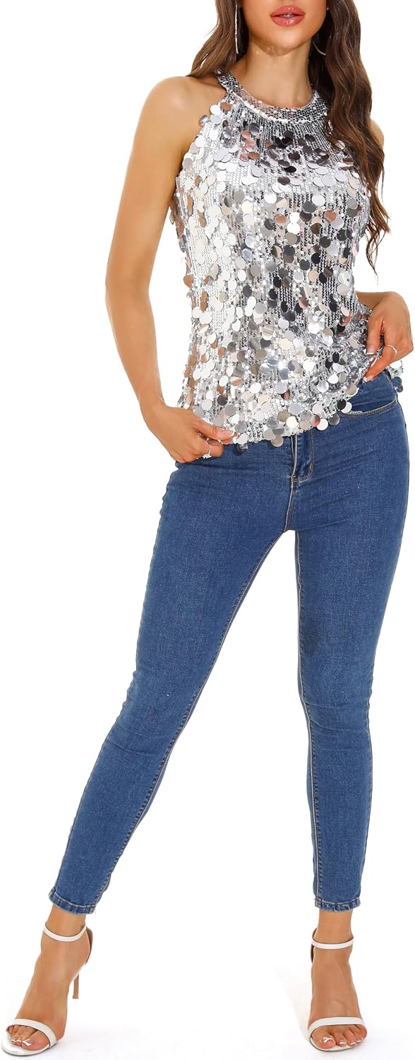 GUANYY Halter Sequin Tops for Women Sleeveless Sparkly Glitter Shiny Tank Top Party Concert Sequence Blouse - Image 5