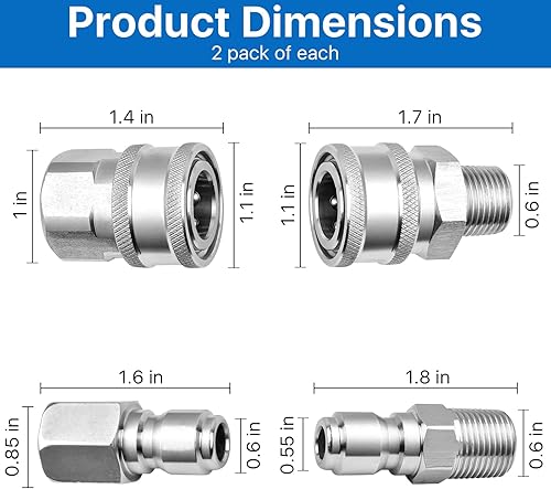 Miniatura 2 de Juego de 4 acopladores NPT para lavadora a presión de 3/8 pulgadas, kit de conexión rápida, accesorios de conexión rápida macho y hembra de acero