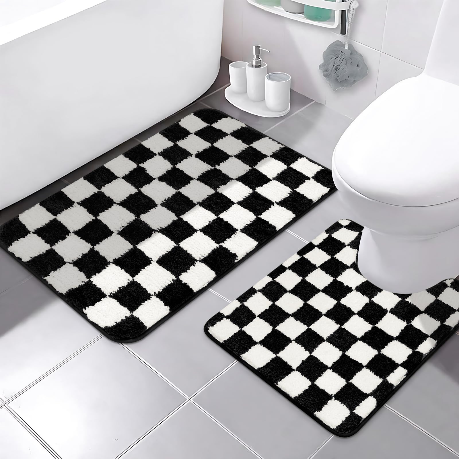 Sivilife Checkered Bathroom Rug Sets 2 Piece, Black and White Bathroom Mat Set Non Slip Water Absorbent Toilet Rug U Shaped Washable, Microfiber Shag Bath Mat Contour Rug, 20"X32" and U-Shaped 20"X24" — image 1