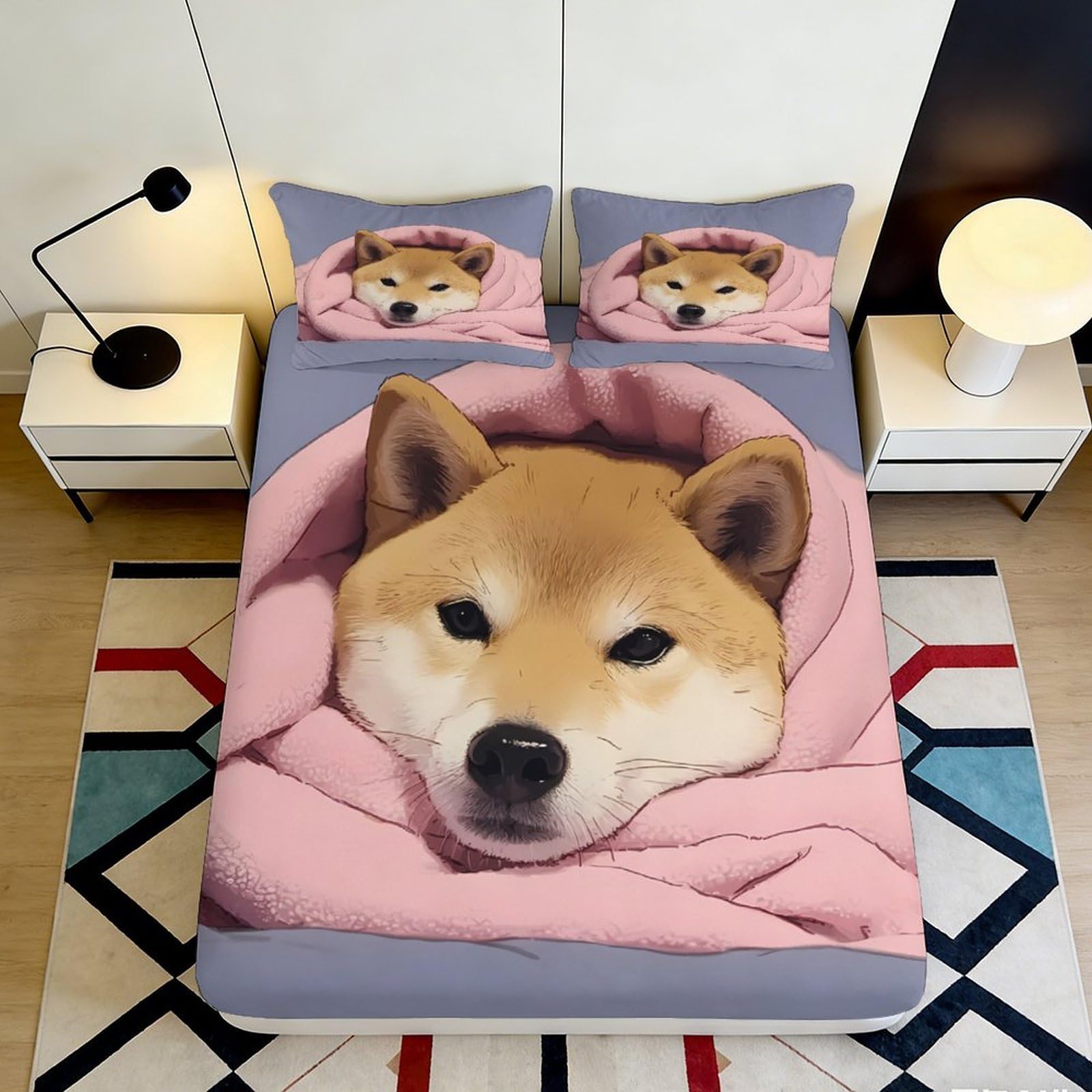 3D Printed Shiba Inu Blanket Fitted Sheet Microfiber Soft Machine Washable Dog Cartoon Mattress Cover for Bedroom Dorm Decor 90x200x25cm