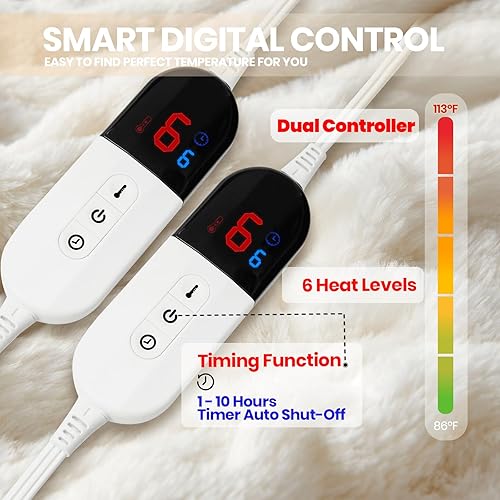 Miniatura 3 de BENFOX Manta térmica tamaño King de 90 x 100 pulgadas, manta eléctrica suave con 6 niveles de calefacción, doble control y calentamiento rápido,