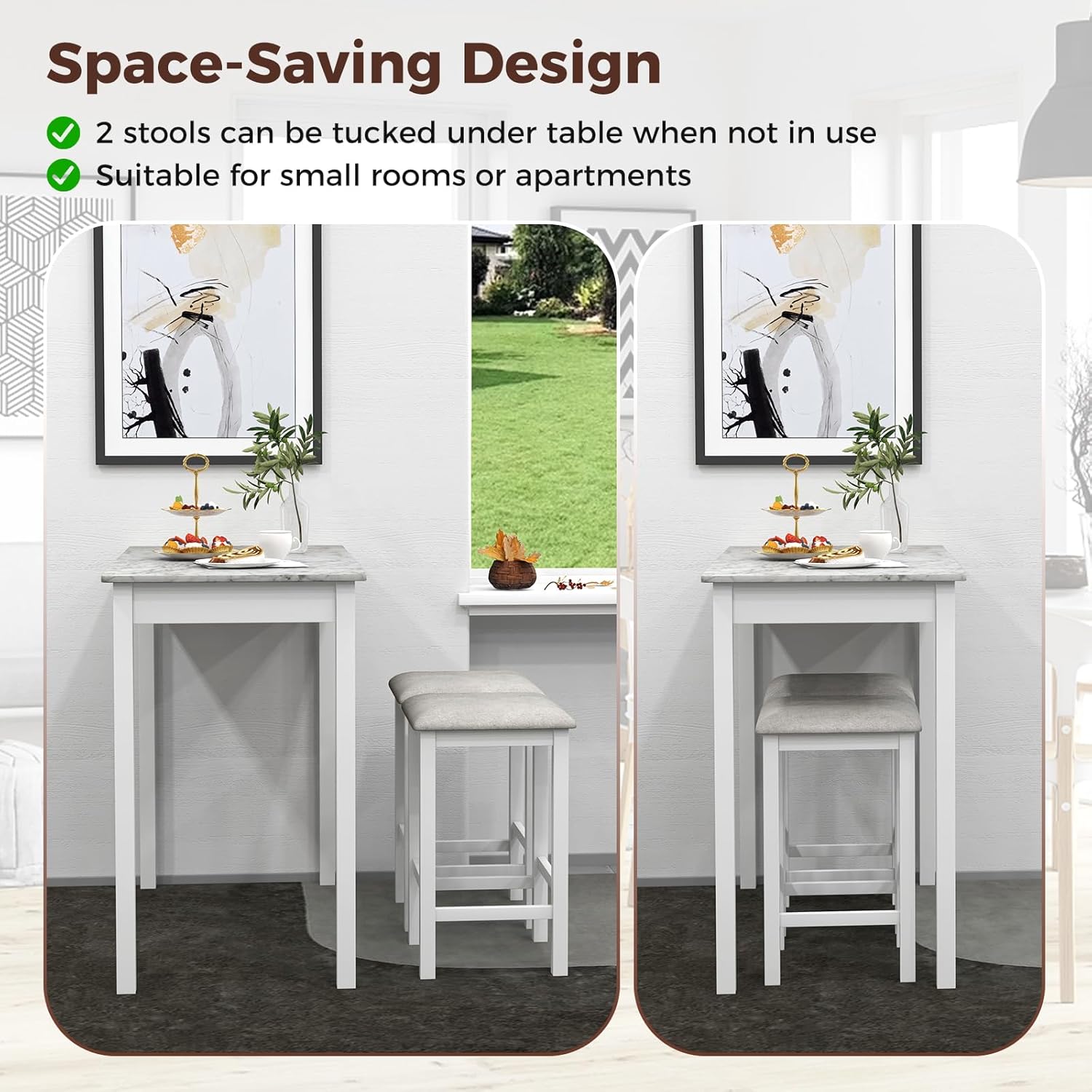 Giantex 3-Pieces Dining Table Set for 2, Counter Height Table with 2 Bar Stools, Wood Legs, Dinette Set for Small Space, Breakfast Nook, Kitchen, Dinner (White/Grey)