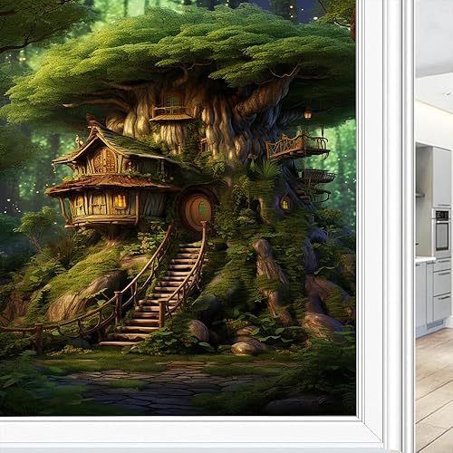 Miniatura 3 de Película de privacidad rústica para ventana, diseño retro de árbol de casa, vitral, bloqueo solar, control de calor, película decorativa para cubrir