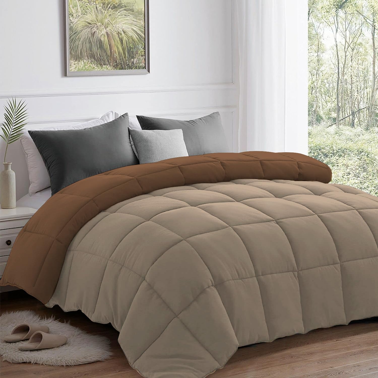 AYKA Reversible Comforter 220 GSM Microfiber Reversible AC Comforter/Blanket for Winter/Quilt/Dohar/Duvets for King Size Blanket/Comforter Double Bed (Taupe & Brown, 90 * 100")