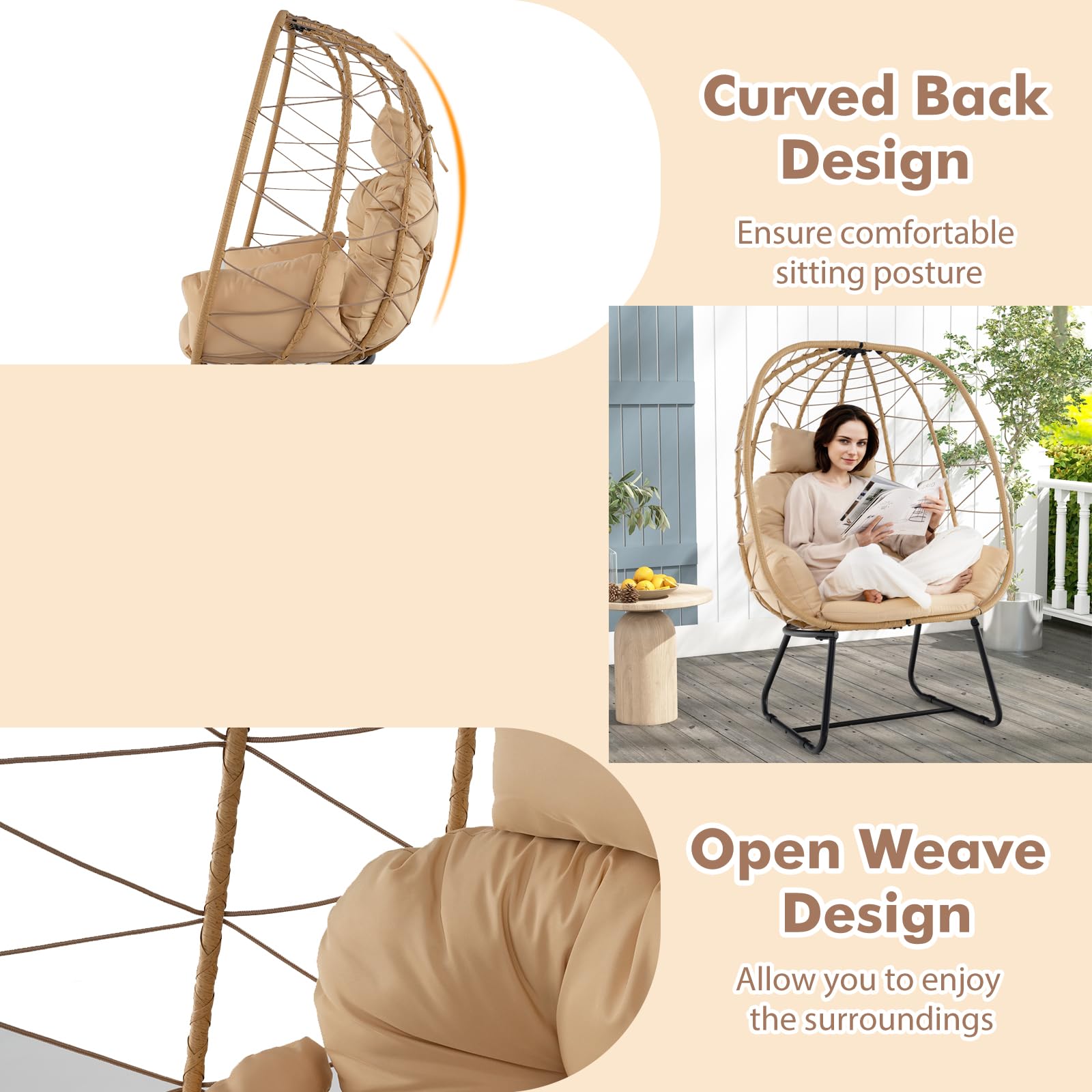 LIFEZEAL Silla Huevo de Mimbre, Sofá de Ratán para Jardín, Patio, Con Cojín Extraíble, Almohada, Soporte de Metal, para Balcón, Porche, Terraza (Beige)