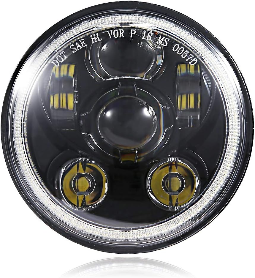 5-3/4 5.75 Inch LED Headlight with Halo DRL Compatible with Harley Davidson Dyna Street Bob Super Wide Glide Low Rider Night Rod Train Softail Deuce Custom Sportster Iron 883-Black