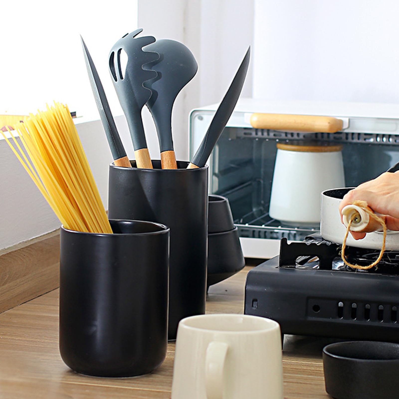 XYQXYQ Ceramic Kitchen Utensil Holder - Matte Black & White, 6.3"H X 4.7"W, Countertop Storage Crock