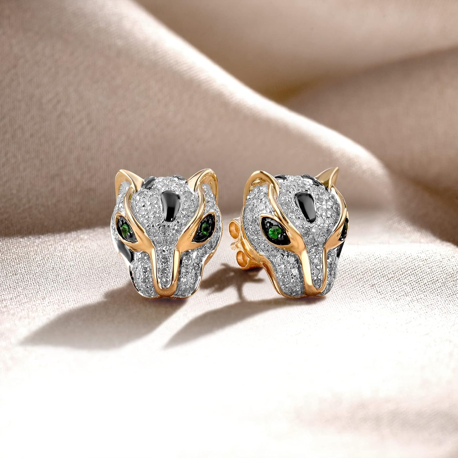 Santuzza 10K Yellow Solid Gold Diamond Panther Earrings Green Garnet Gemstone Leopard Stud Earrings for Women