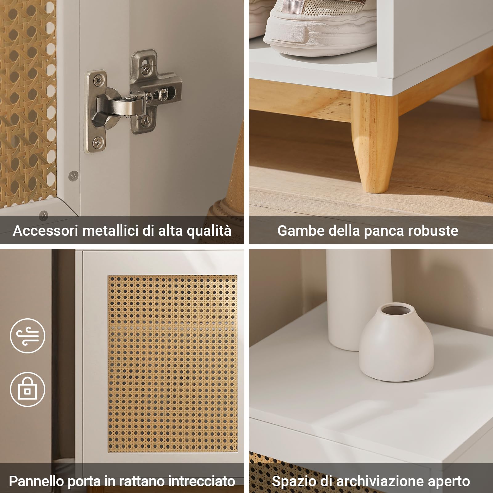 SoBuy Scarpiera Panca Ingresso con Seduta Imbottita – Panca Contenitore Salvaspazio con Ante a Reticolo – Porta Scarpe per Camera da Letto o Corridoio – Bianco 100x35x60cm, 150kg – FSR128-W
