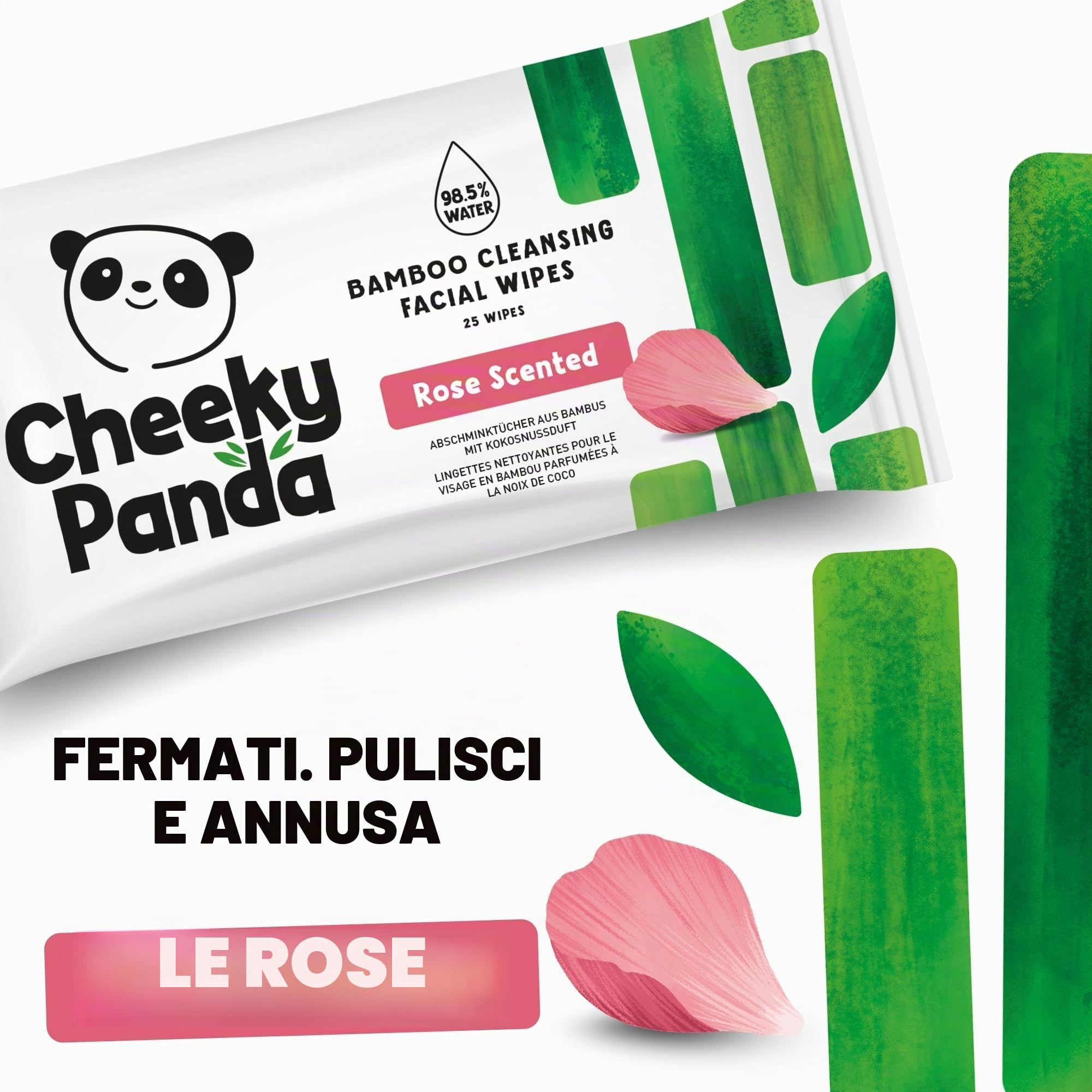 The Cheeky Panda Salviette Struccanti Profumate alla Rosa Vegano | 600 Pezzi | Fatto al 100% di bambù sostenibile | Formula e ingredienti naturali