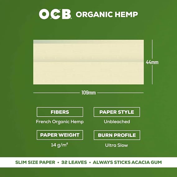 OCB - Ultra Thin Organic King Slim Size Rolling Papers with Tips - 32 Leaves per Booklet