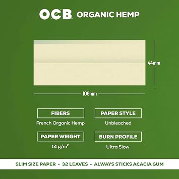 OCB - Ultra Thin Organic King Slim Size Rolling Papers with Tips - 32 Leaves per Booklet