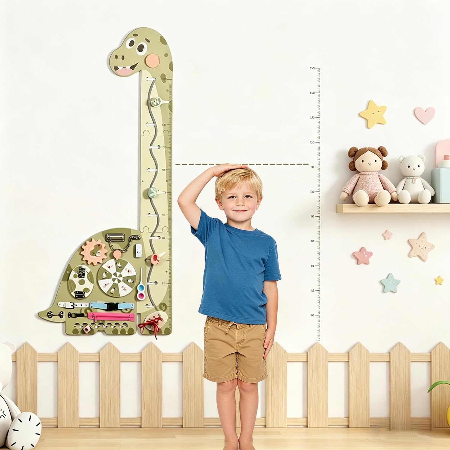 Wooden Dinosaur Growth Chart, Montessori Long-Neck Brachiosaurus Height Ruler with 7-in-1 Busy Board, Clock, Buckle Alphabet Slider Slide Door Lock Pop Fidget & Zipper, Educational Board for Kids 3-6