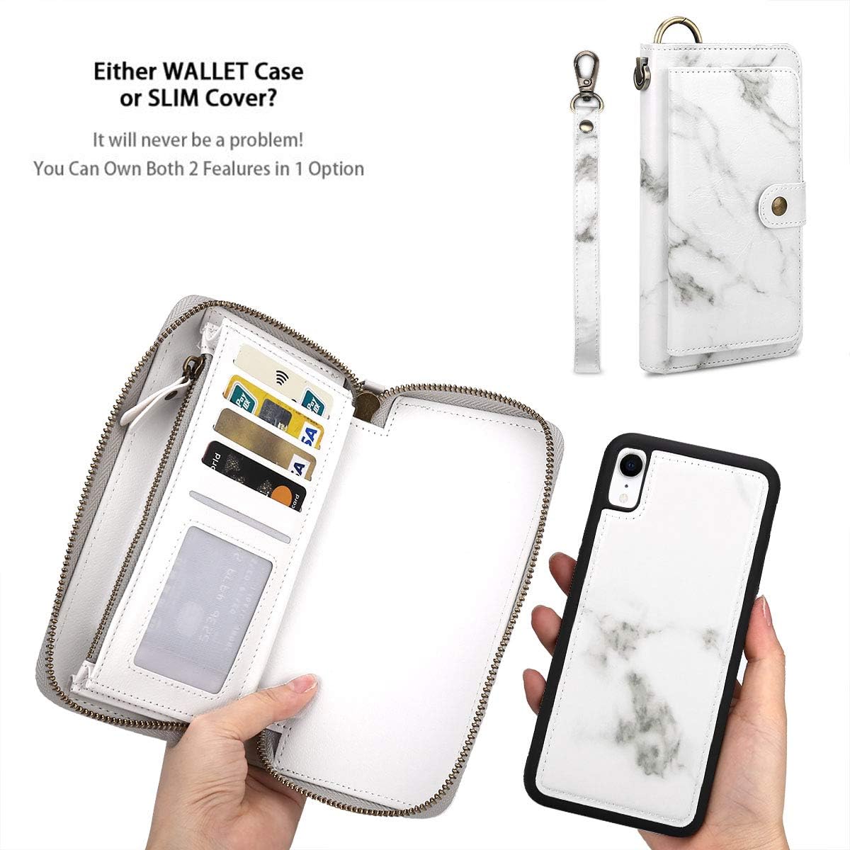 Petocase Compatible with iPhone XR/10R Wallet Case, Multi-Function Zipper Purse with Detachable Magnetic Back Cover Wristlets 13 Card Slots & 4 Cash Pocket for Apple iPhone XR/10R White Marble