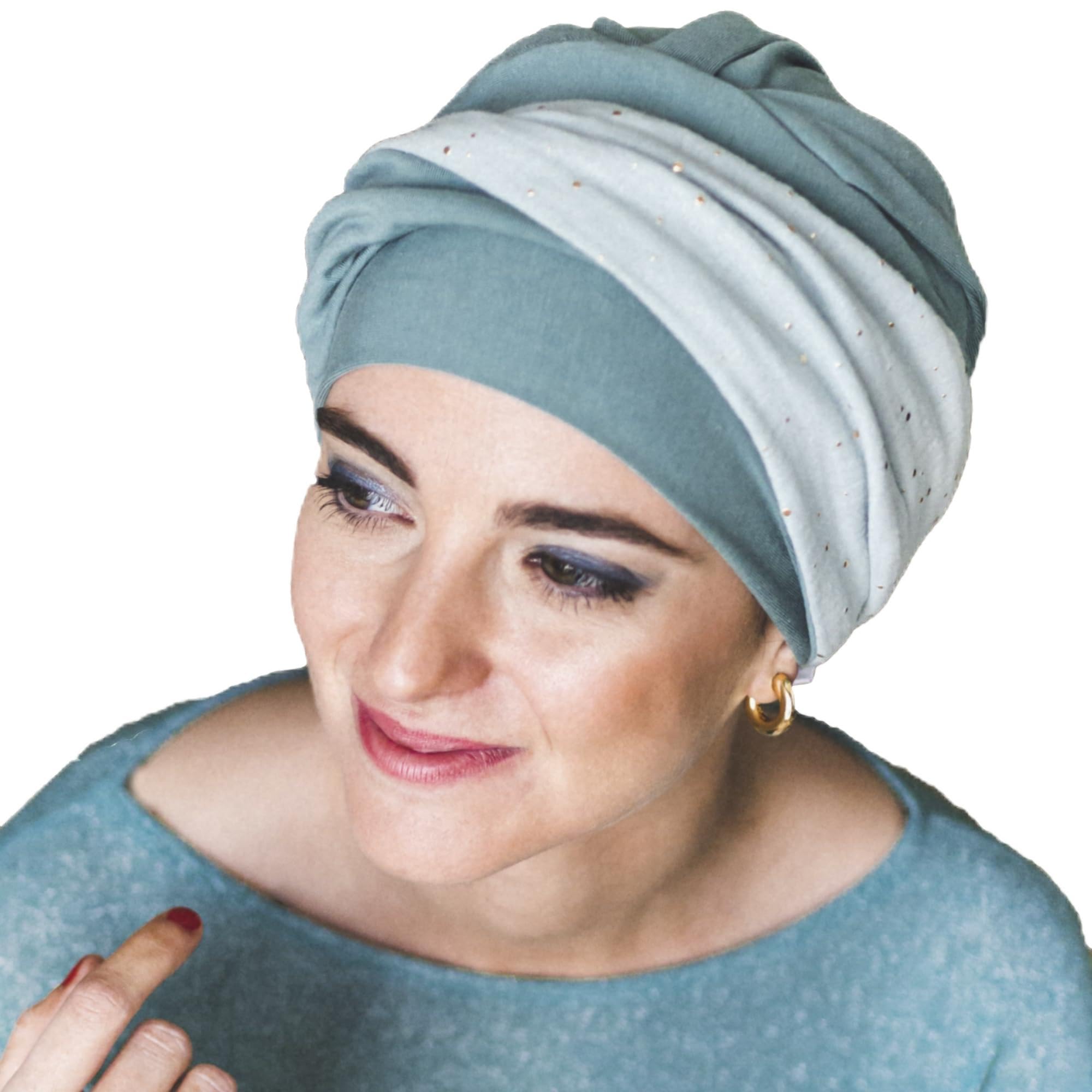 CAREBELL Elegance Aguamarina Gold - Turbante Gorro oncologico de bambú para quimioterapia o Alopecia