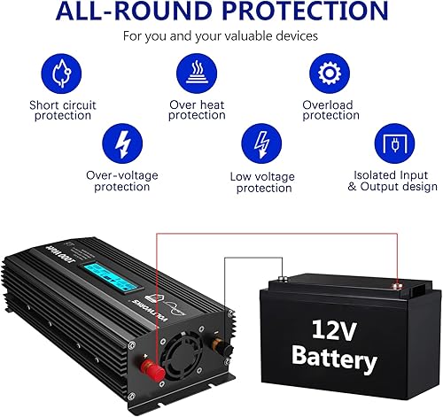 Miniatura 5 de VOLTWORKS Black - Inversor de corriente de onda sinusoidal pura de 1000 vatios CC 12 V a CA 110 V-120 V 1000 W con pantalla LCD y puertos USB duales