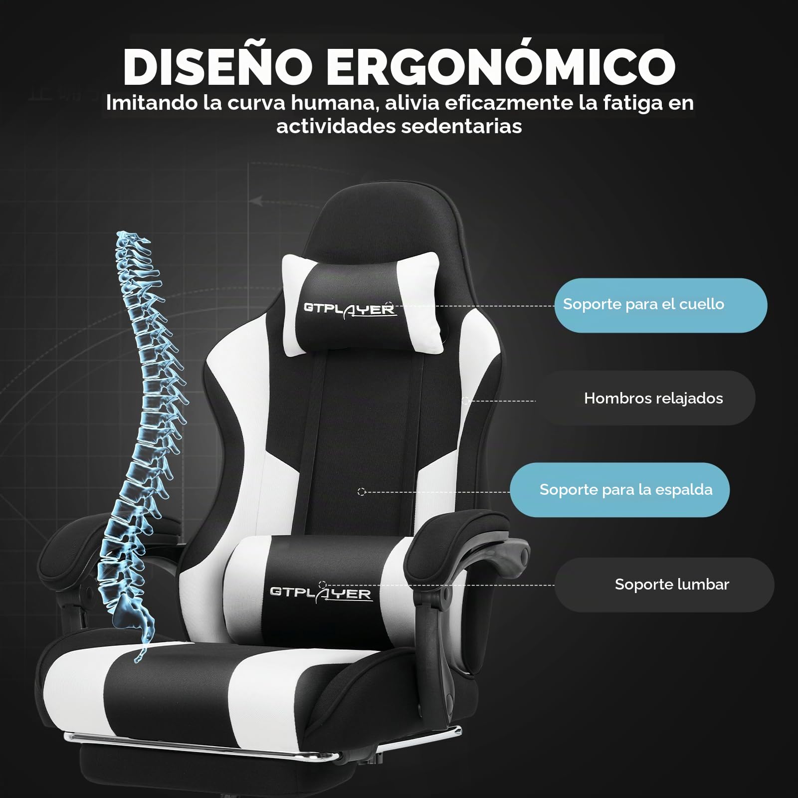 GTPLAYER Silla Gaming con Masajeador Ergonómica Silla Gamer con Reposapiés Reposacabeza, Silla de Oficina Ergonómica, Soporte Lumbar, Silla Juego Ajustable en Altura, Tela Blanco