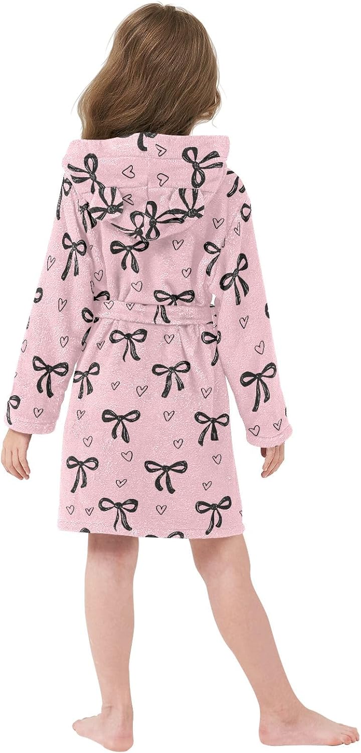 Black Bow Heart Toddler Hooded Bathrobe for Boys Girls Soft Plush Bath Towel Robe 2-12 Years