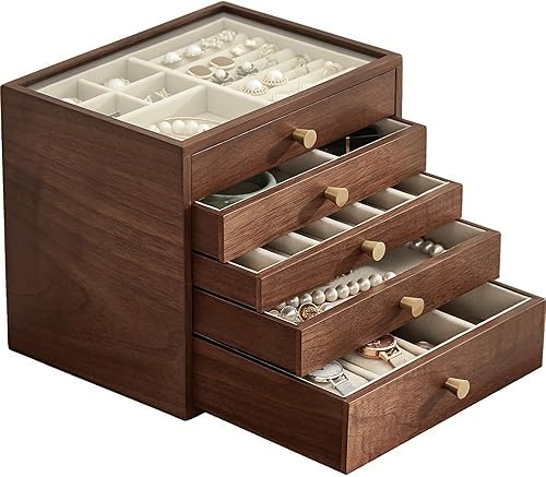 Miniatura 8 de Joyero de madera de nogal negro para mujer, cajón grande de 5 capas, caja organizadora de madera con tapa de vidrio para collares, relojes