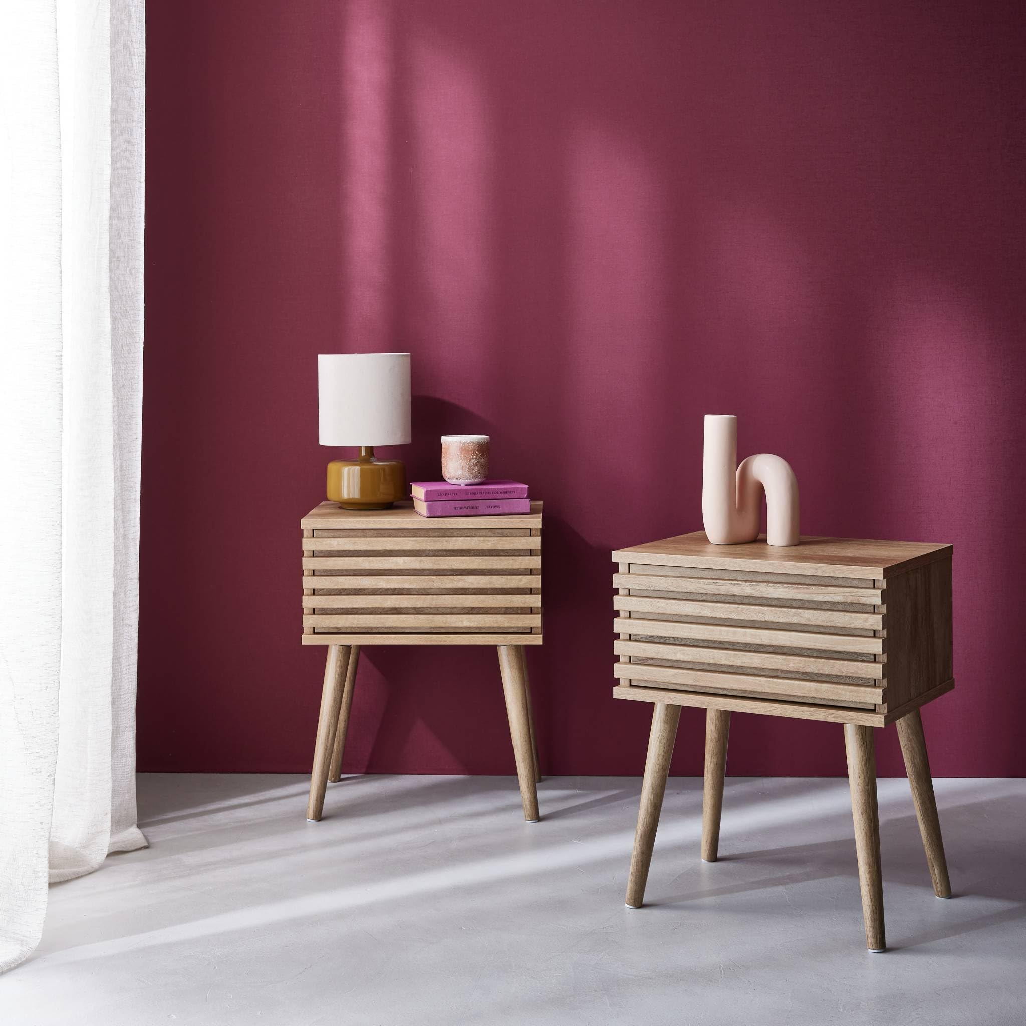 Alice's Garden sweeek - Lot de Deux Tables de Chevet Style scandinave décor Bois avec tiroir rainuré et Pieds Compas