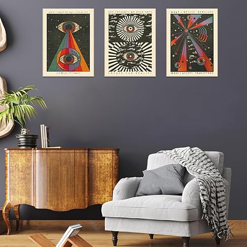 Miniatura 2 de Juego de 3 lienzos enmarcados de estilo retro hippie para pared, meditación, psique delicados, arte en lienzo bohemio de los años 70 para