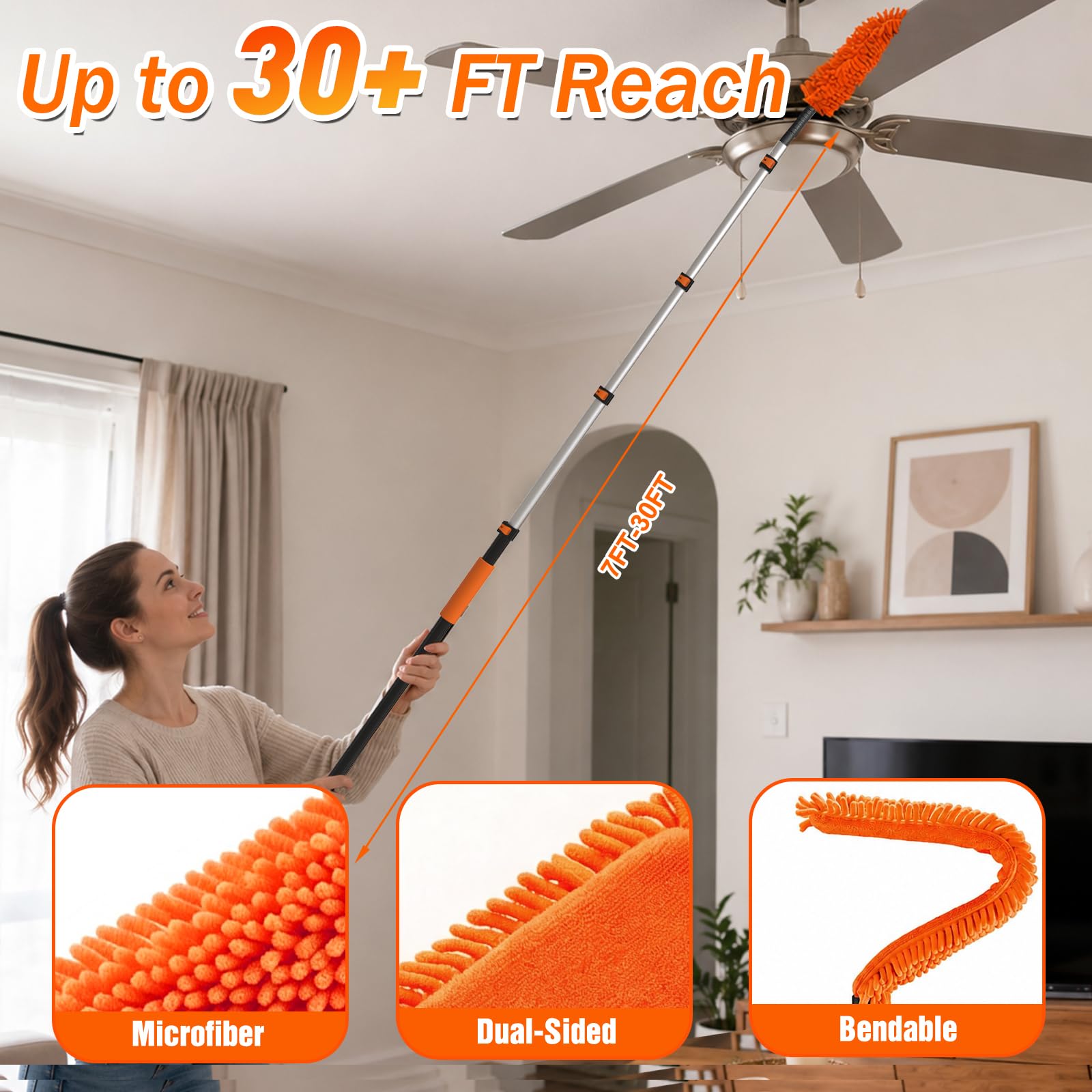 SISUPASSIE Kit per spolverare alto soffitto 9,1 m, kit per la pulizia delle finestre con asta di estensione da 2,8 a 9,5 m, spolverino per ventilatori a soffitto, piumino in microfibra, lavavetri