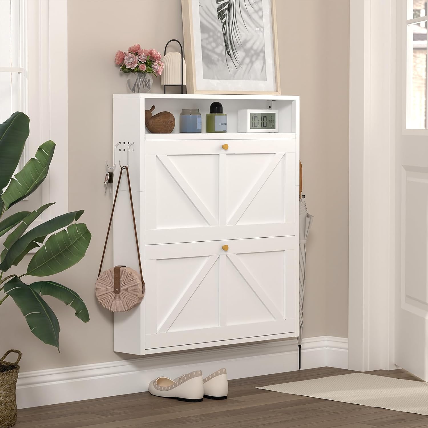 Hidden Shoe Rack, 2 Flip-Down Floating Shoe Storage Cabinet for Entryway, Behind Door Wall Mount Shoe Cabinet with Open Top Shelf & Prgboard, Space-Saving Slim Shoe Storage, Anti-Tip, White