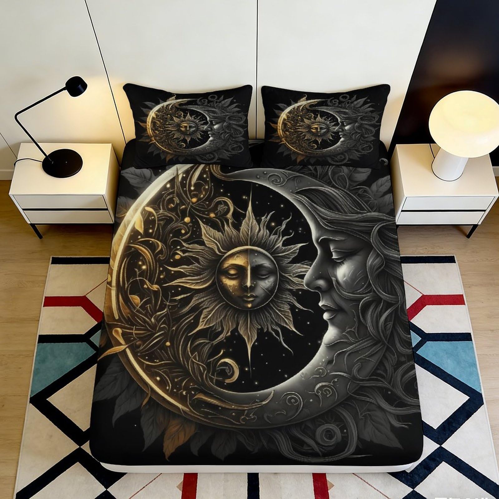 Dhbaneiok Style-2 3D Printed Sun Moon Art Fitted Sheet Microfiber Black Gold Celestial Mattress Cover For Bedroom Guest Room Decor 90X200x25cm