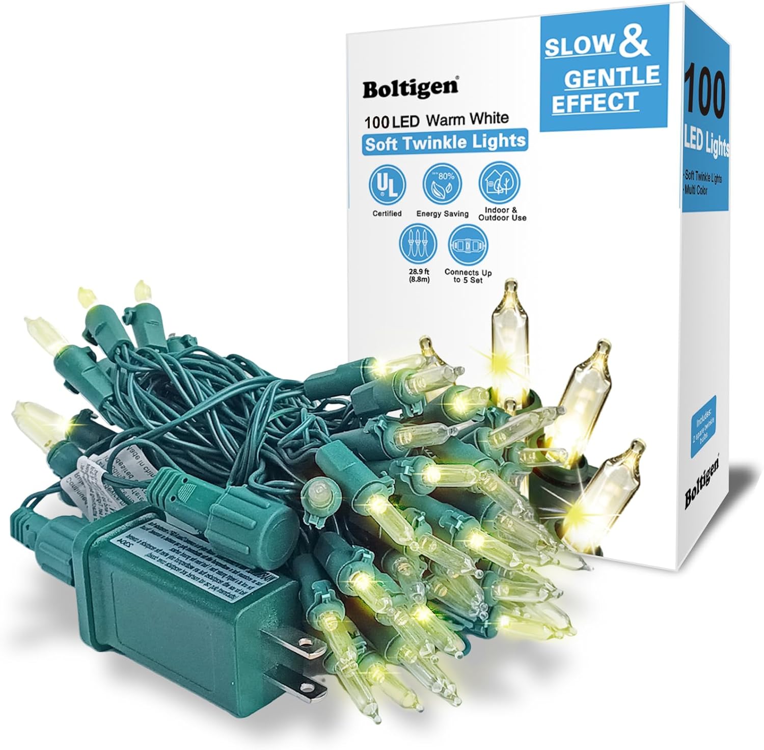 100 LED Soft Twinke Lights, Slow Twinkling Christmas Lights, 50 of 100 Lights Twinkle, Waterproof Gentle Glow, UL Certified 29 Ft Connectable Indoor Outdoor (Warm White)