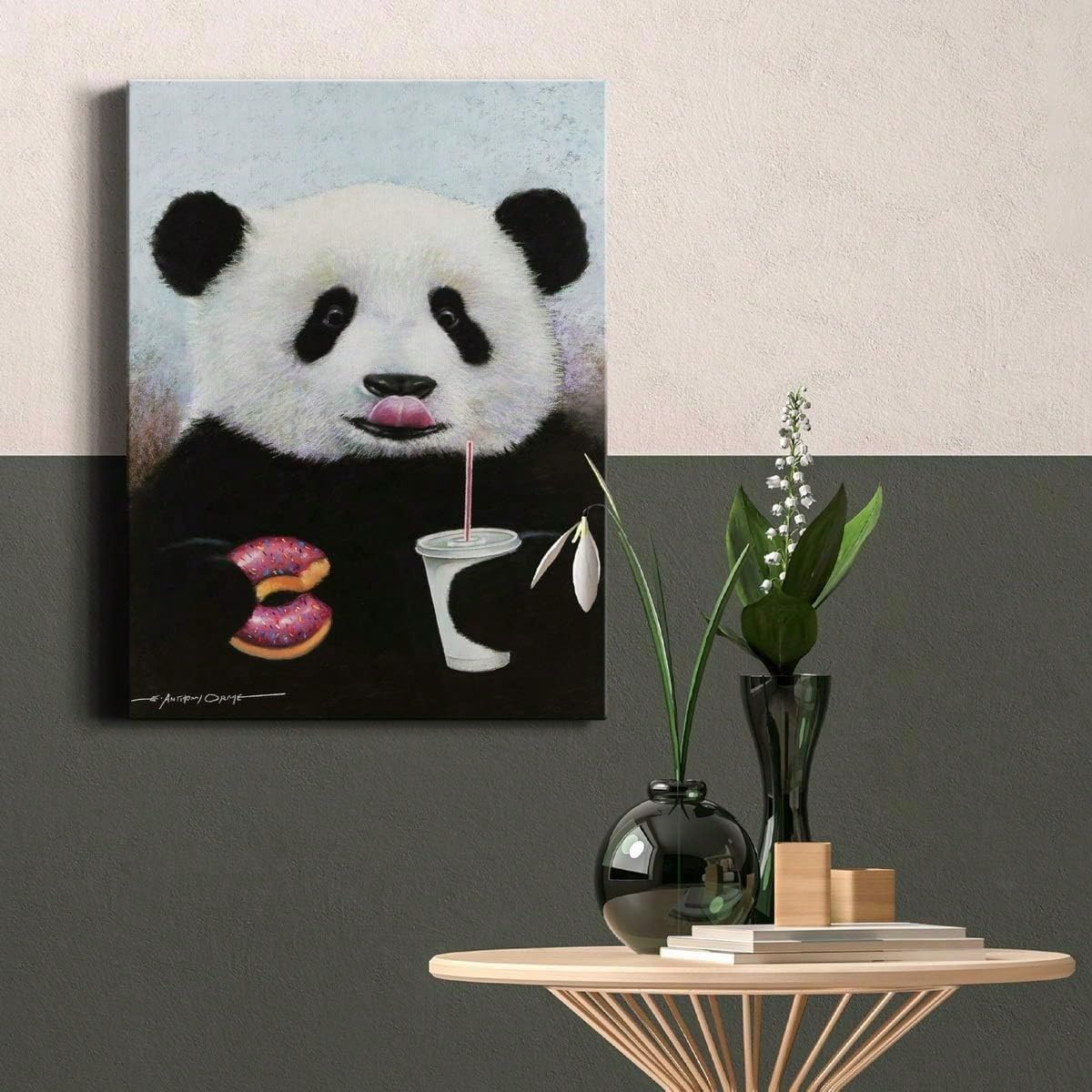 AIHNBF Divertido mural de panda con donut y bebida, bonito lienzo de dibujos animados para habitación infantil y bebé, 50 x 75 cm