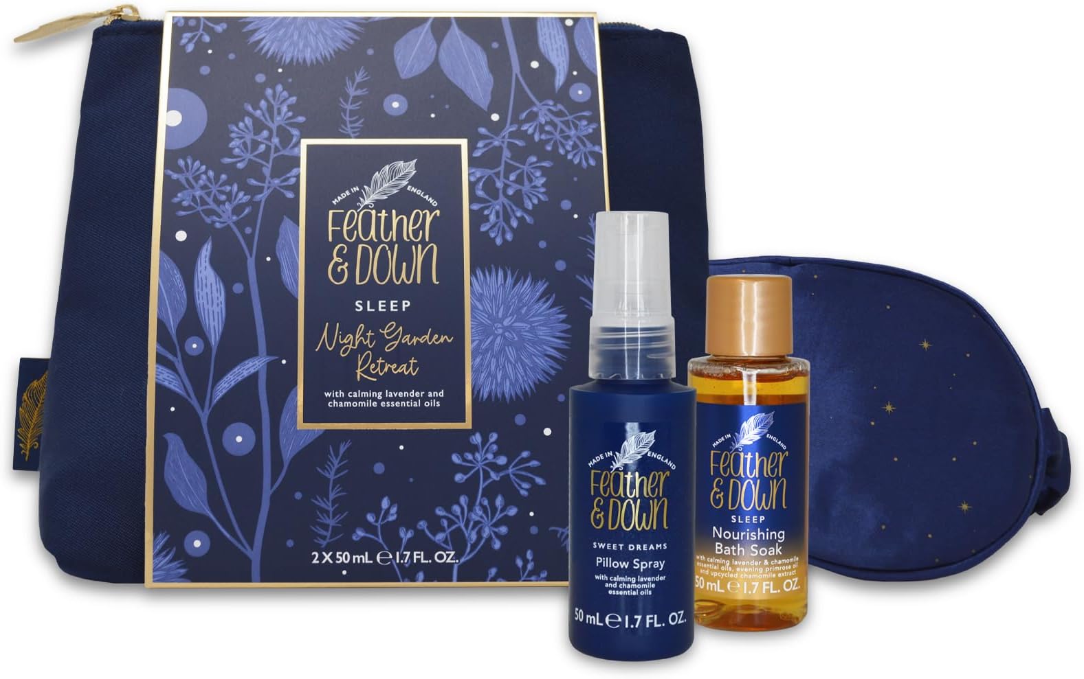 Feather & Down and Night Garden Retreat Gift Set - Lavender and Chamomile Bubble Bath and Pillow Spray Bath Set with Eye Mask and Luxury Travel Pouch - Relaxing Gifts for Women, Vegan Friendly.