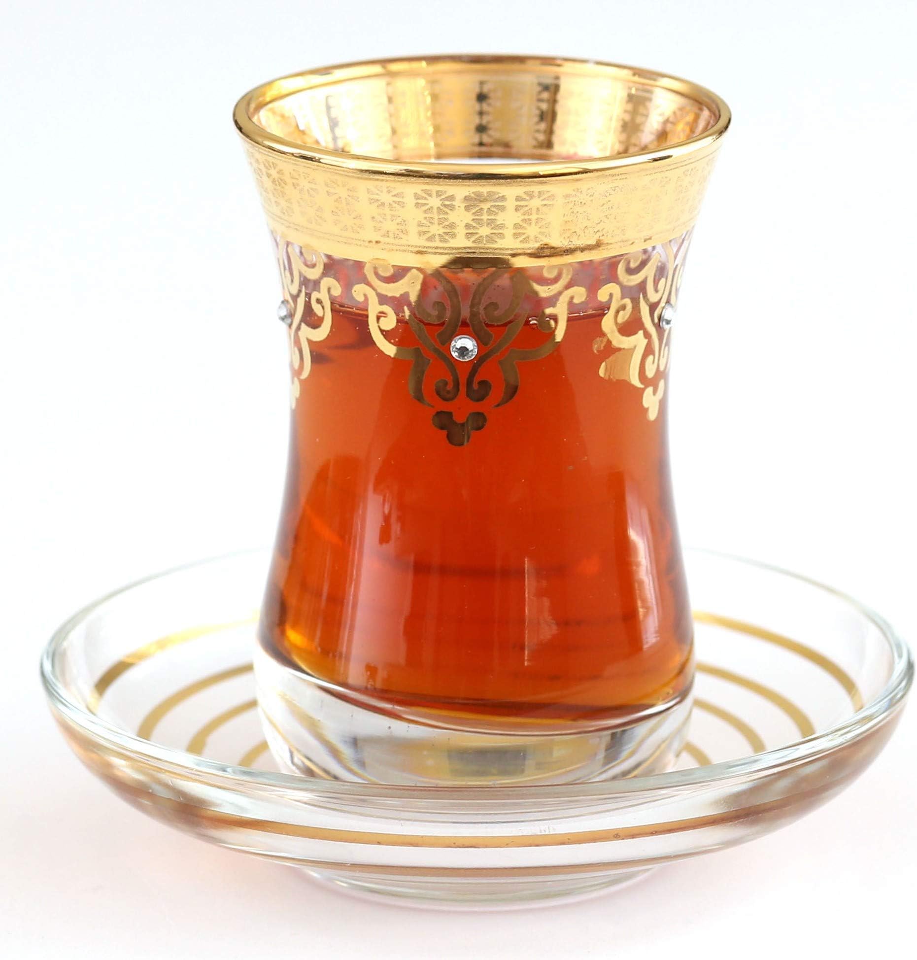 Turkish Arabic Tea Glasses with Saucers Set of 6 - Ottoman (Gold)