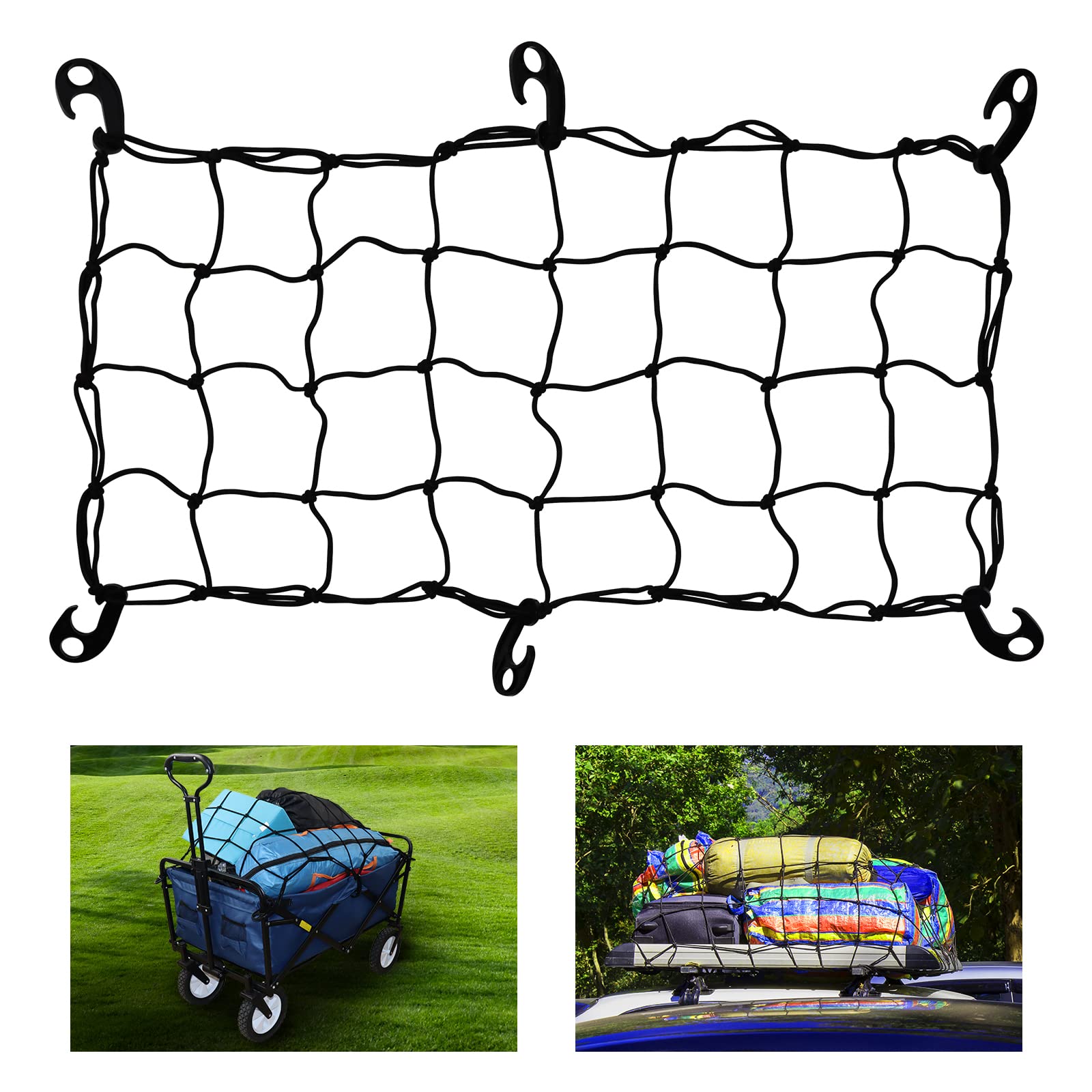 VOONKE Cargo Net Suitable for Outdoor Garden Wagon，Folding Trolley Cart，Camping Carts，Travel Car ，Multifunctional Retractable Heavy Duty Nylon Net，Latex Bungee Wagon Net Stretches to 66.9"x35.4".