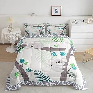 Homewish Kawaii Koala Comforter Set,Tropical Leaves Bedding Set for Kids Girls Women,Adults Wild Animals Comforter,Green Palm Leaves Quilted Duvet Set Bedroom Collection Twin Size 2Pcs