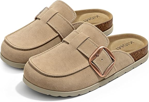KIDMI Genuine Suede Clogs for Women Cork Footbed Leather Mules Slip On with Comfort Memory Foam and Adjustable Buckle