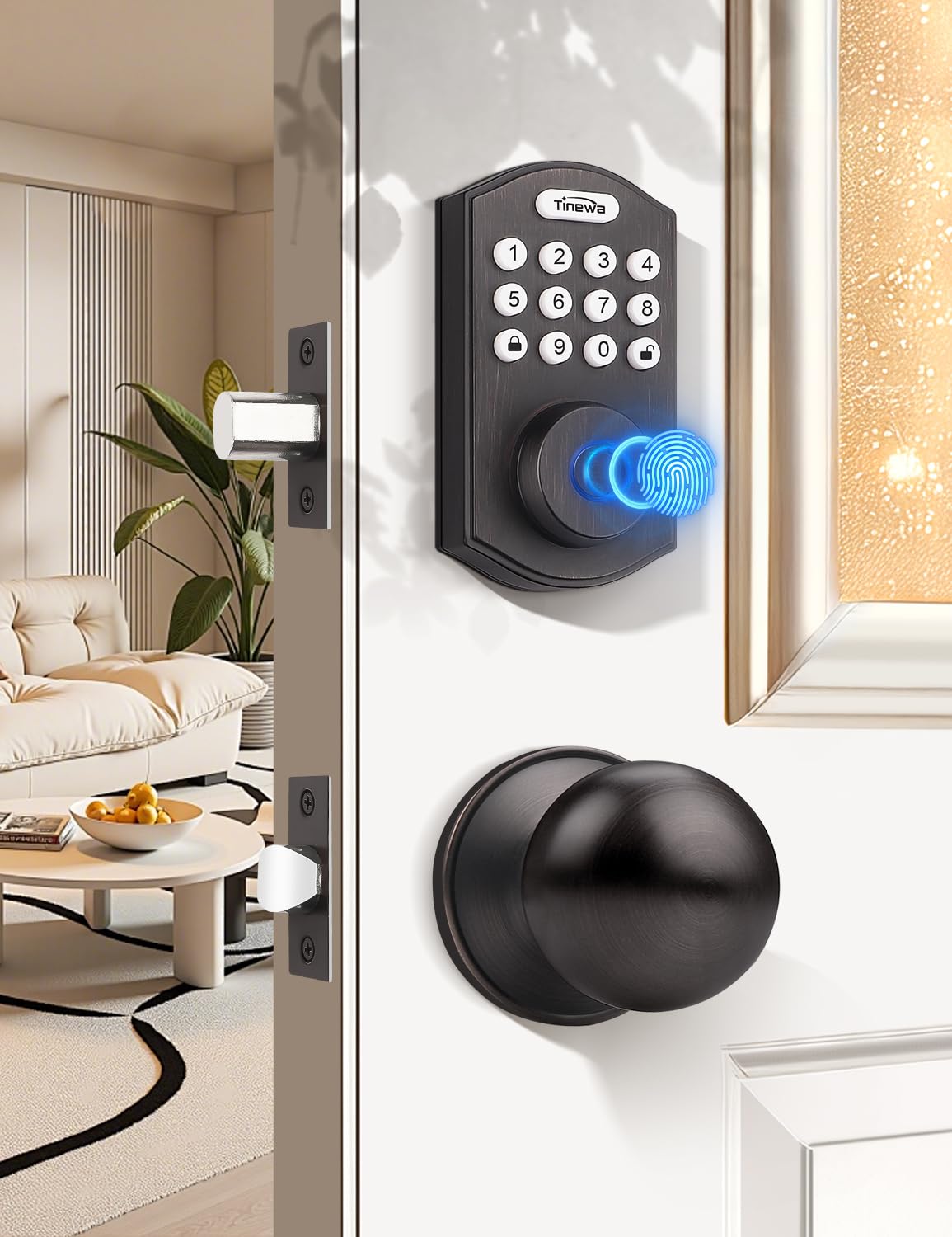 Tinewa Smart Locks for Front Door - Oil Rubbed Bronze Keyless Entry Door Lock with Door Knobs, Electronic Digital Keypad Deadbolt with Fingerprint, APP Control, Easy Installation, Home Security