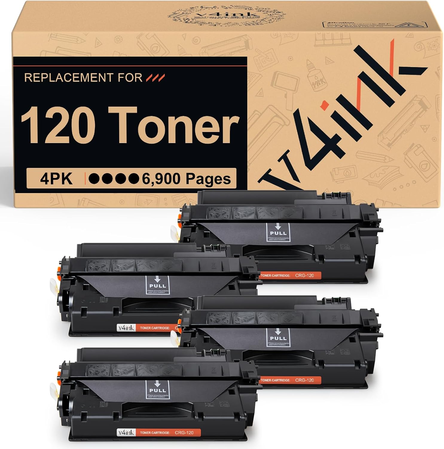 V4INK 4PK Compatible 120 Toner Cartridge Replacement for Canon 120 2617B001AA High Yield Toner for Canon imageCLASS D1100 D1120 D1150 D1170 D1180 D1320 D1350 D1370 D1520 D1550 MF6680DN Printer