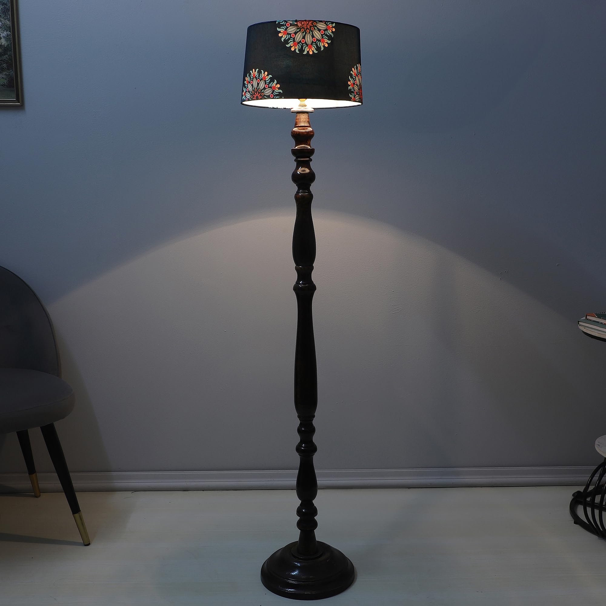 tu casa Classic Vintage Brown Mango Wood Base Floor Lamps with French Floral Print & Satin Shade for Bedroom, Living Room, Lounge, Office Area, Gifting Without Bulb for Home Decoration (Height - 54")-image-21