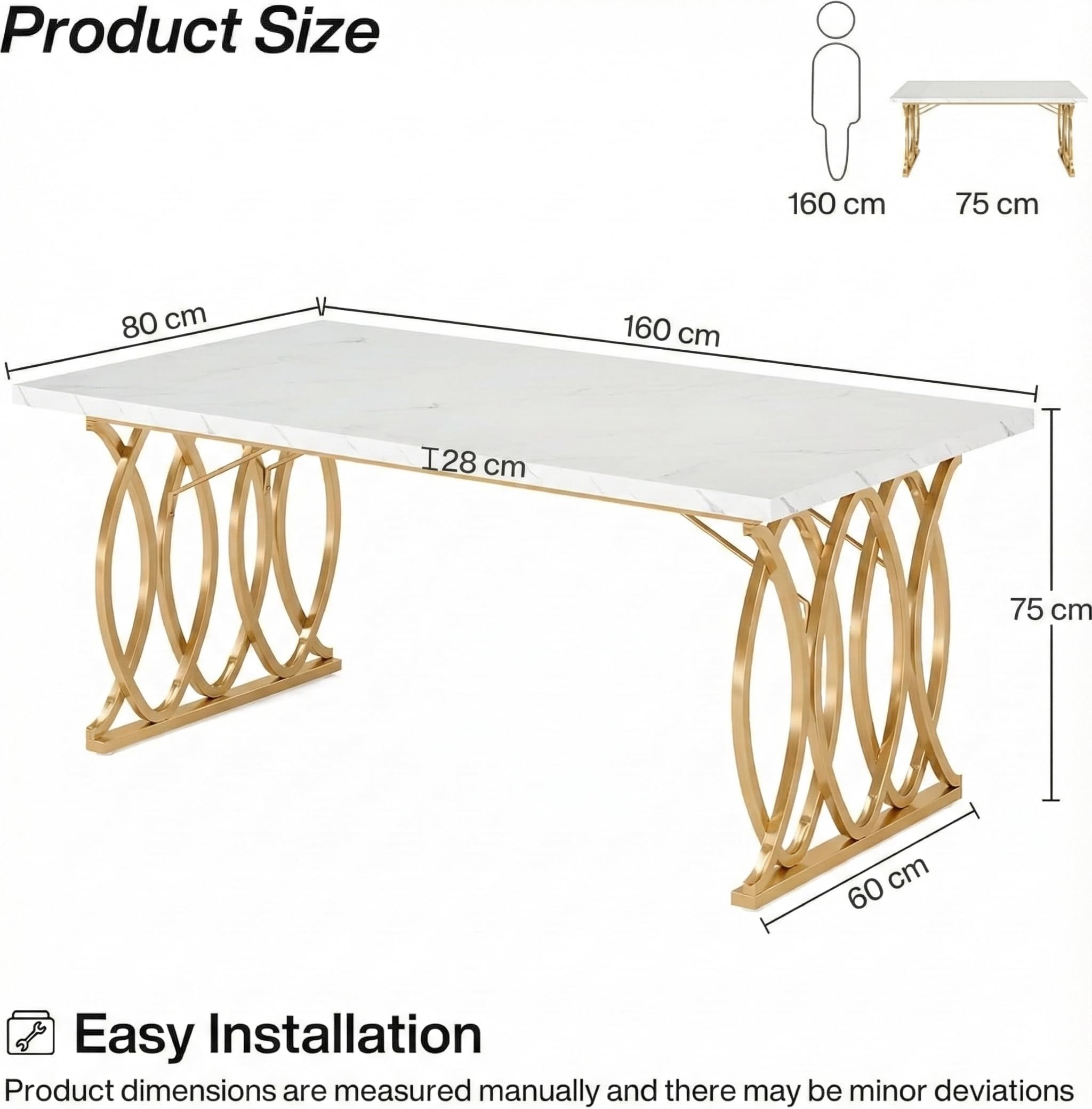 Lailang 160cm Mesa de Comedor, Mesa Rectangular, Muebles Auxiliares Cocina, Mesa Madera Comedor, Mueble Comedor Moderno, 160 x 80 x 75 cm, Blanco y Dorado