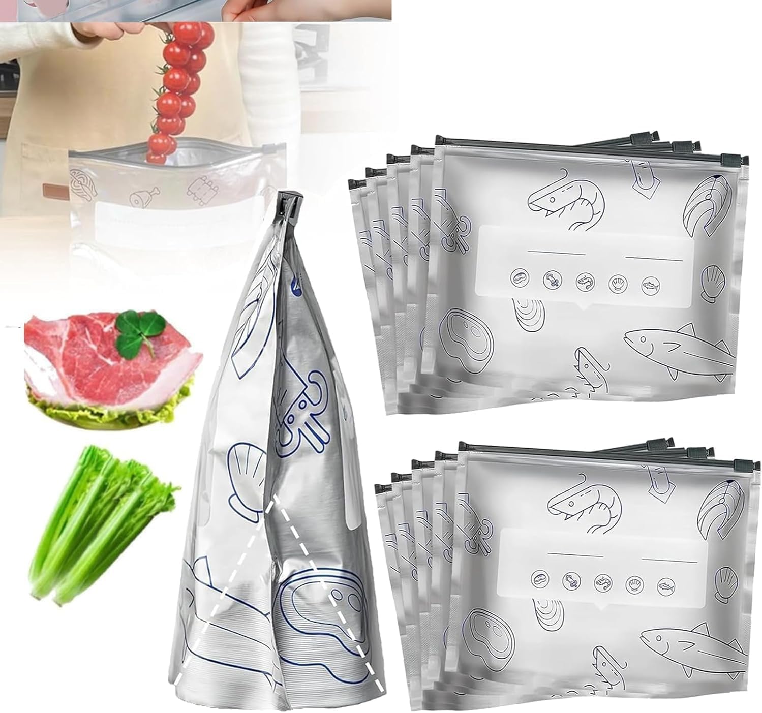 60 Reusable Aluminum Foil Food Storage Bags - Resealable Vacuum Pouches for Food Preservation, Stand-up Zip Lock Bags with Labels for Fruits & Meats, Eco-Friendly & Durable Silvery S+M+L