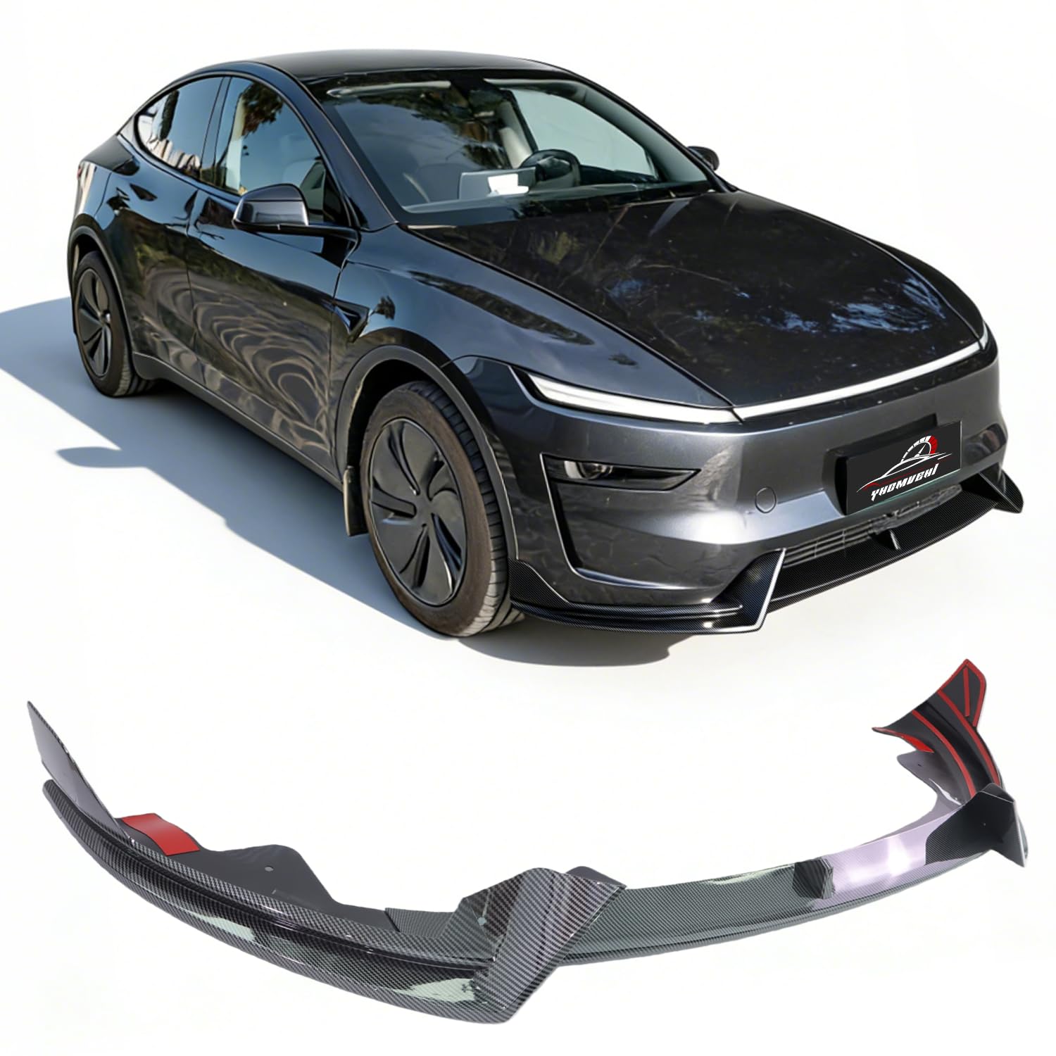 Front Lip Fits for Tesla Model Y Juniper 2025 2026, V Style Front Bumper Lip Splitter Spoiler for Model Y Juniper Accessories, ABS Air Dam Chin Lower Bumper Protector (Gloss Carbon Fiber)