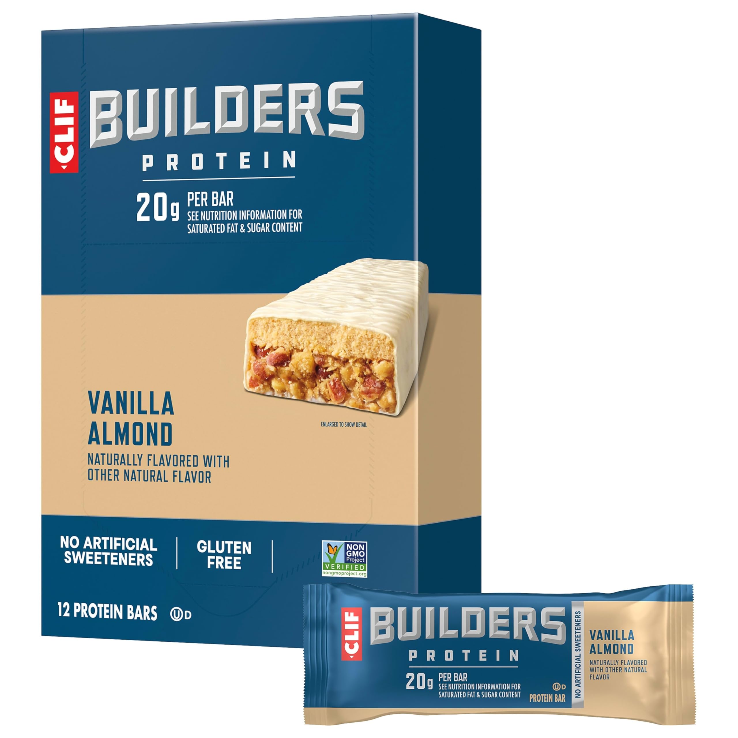 CLIF BUILDERS - Protein Bars - Vanilla Almond Flavor - 20g Protein - Gluten Free (2.4 Ounce, 12 Count)