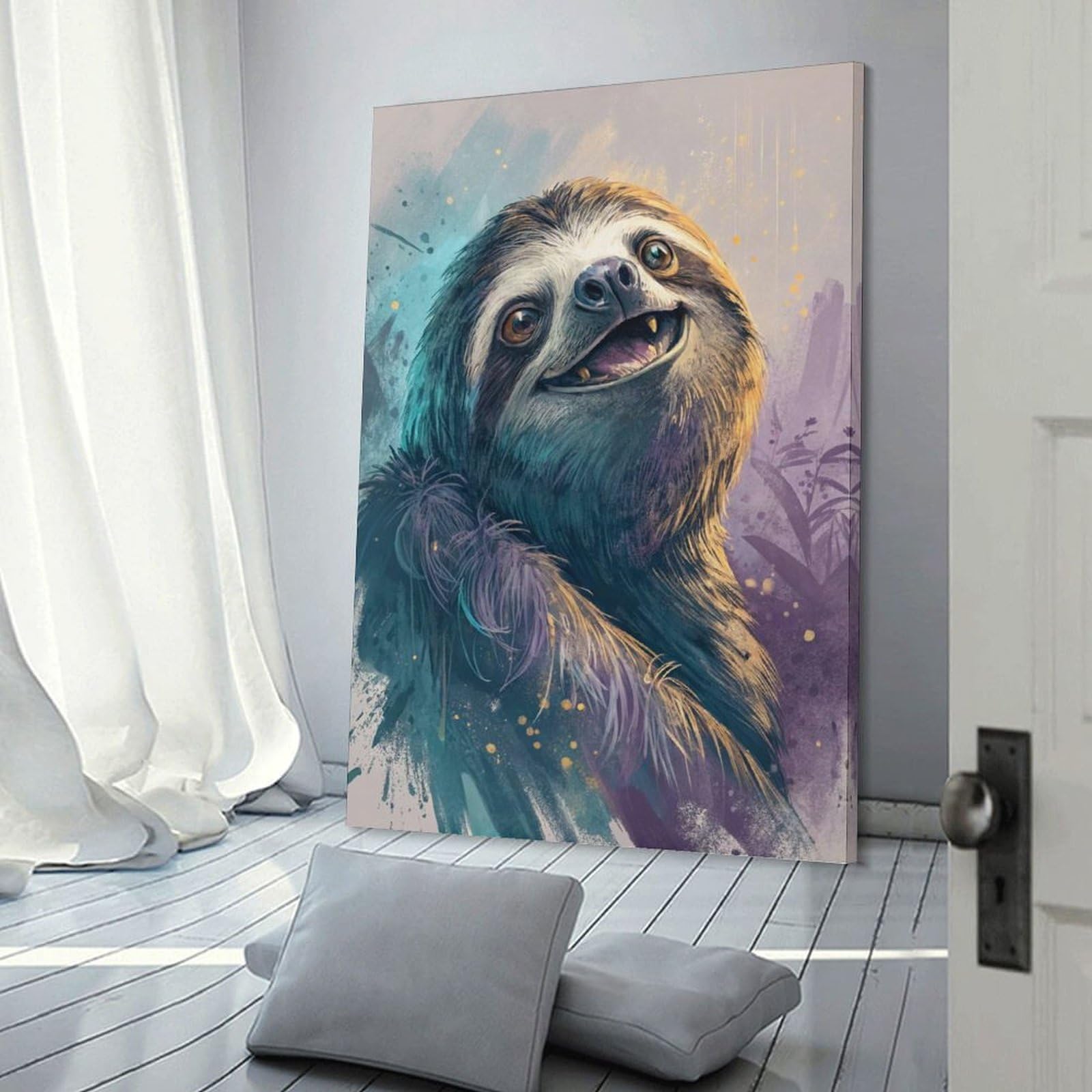 Junmoney Canvas Wall Decor Smiling Sloth Portrait, 24x36inch(60x90cm), for Restful Interiors, Bedrooms Or Small Rooms, Canvas Wall Decor for Personal Spaces