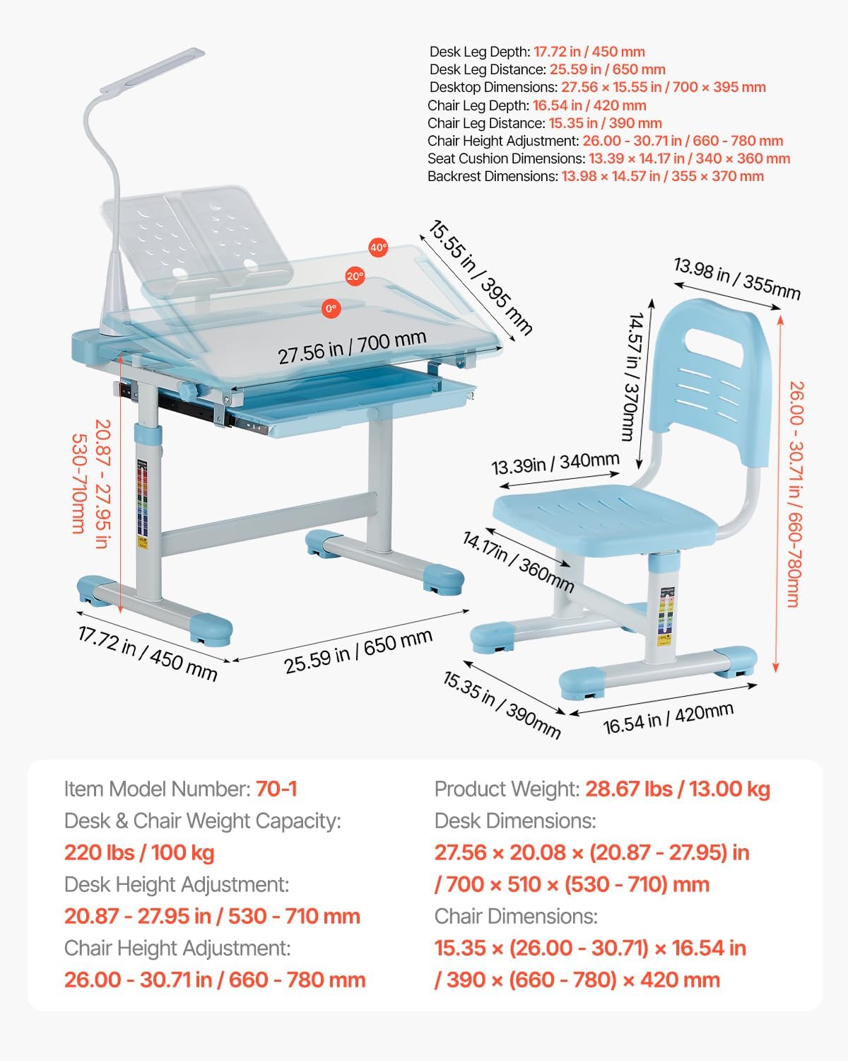 VEVOR Kids Study Chair and Desk Set, Study Desk and Chair for Kids with Table Lamp, Adjustable Height & 0-40 Tilted Desktop, Blue