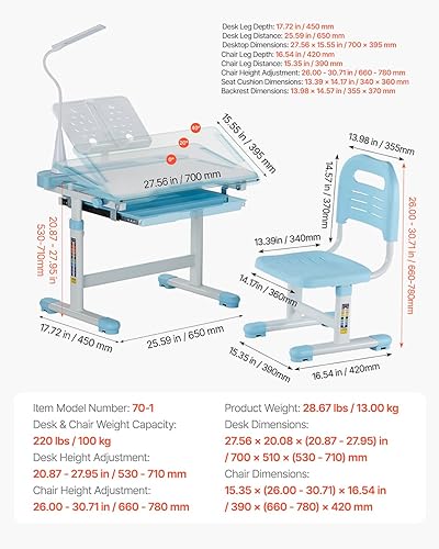 Miniatura 7 de VEVOR Juego de silla y escritorio de estudio para niños, escritorio de estudio y silla para niños con lámpara de mesa, altura ajustable y escritorio