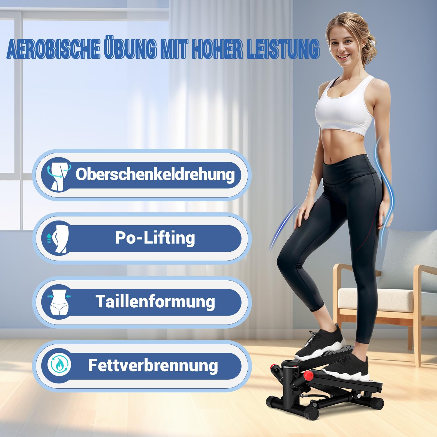 Mini Stepper für Zuhause mit Power Ropes, Höhenverstellbar Up-Down Swing Stepper mit LCD-Monitor, Hometrainer für Anfänger & Fitness Trainingsgerät 150kg Bein/Arm Trainer Home Fitness Exercise