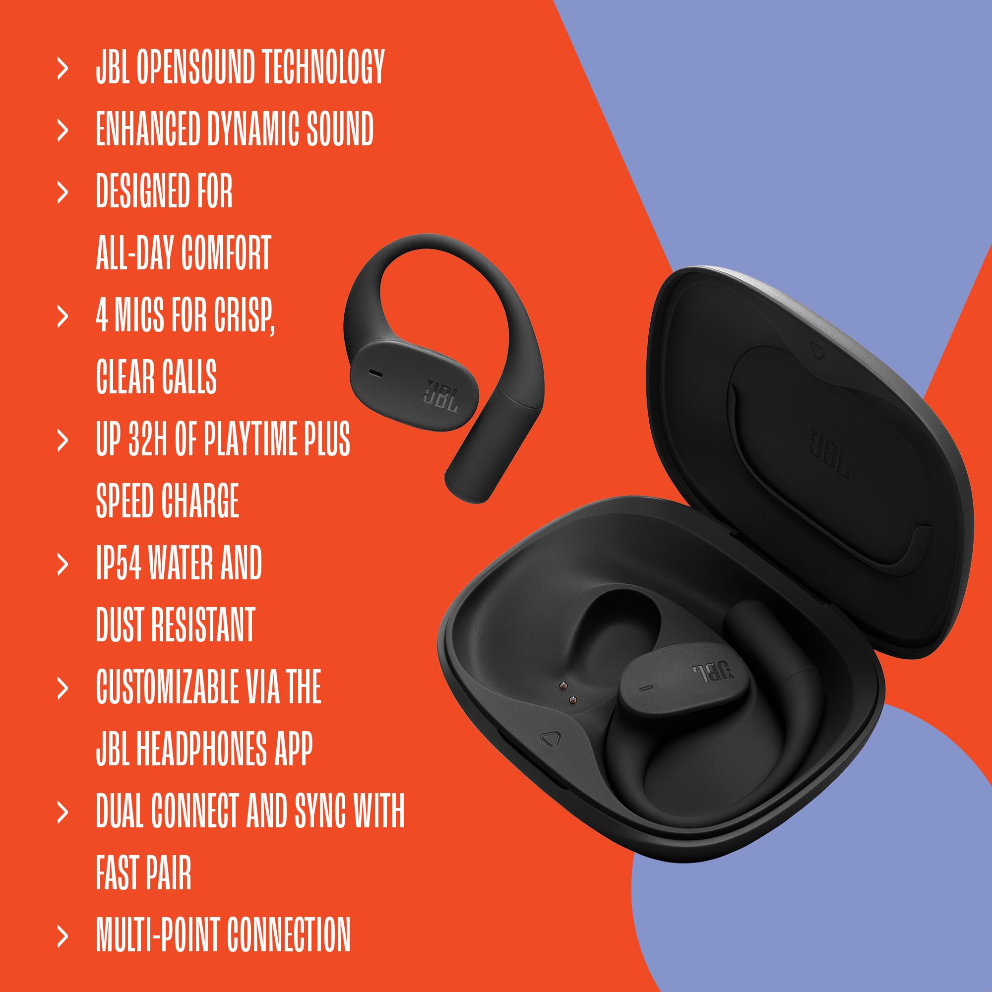 JBL Sense Lite True Wireless écouteurs Ouverts sans Fil, Conception Crochet d'oreille, Conduction aérienne, JBL OpenSound, 32 h d'autonomie, étanches IP54, compatibles avec JBL Headphones, Noir