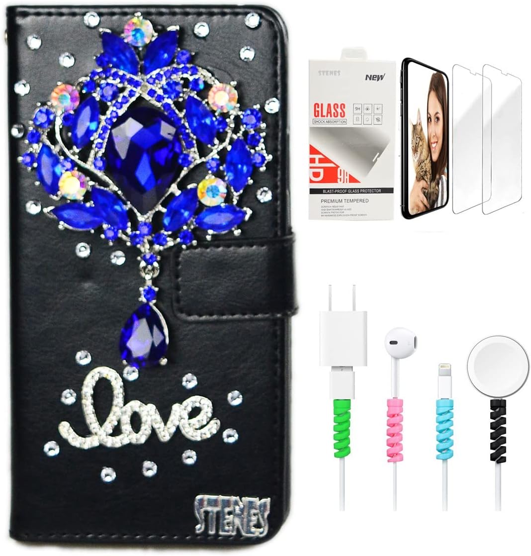 STENES Bling Wallet Phone Case Compatible with Moto G Pure Case - Stylish - 3D Handmade Luxury Rhinestone Flower Leather Cover with Screen Protector & Cable Protector - Purple