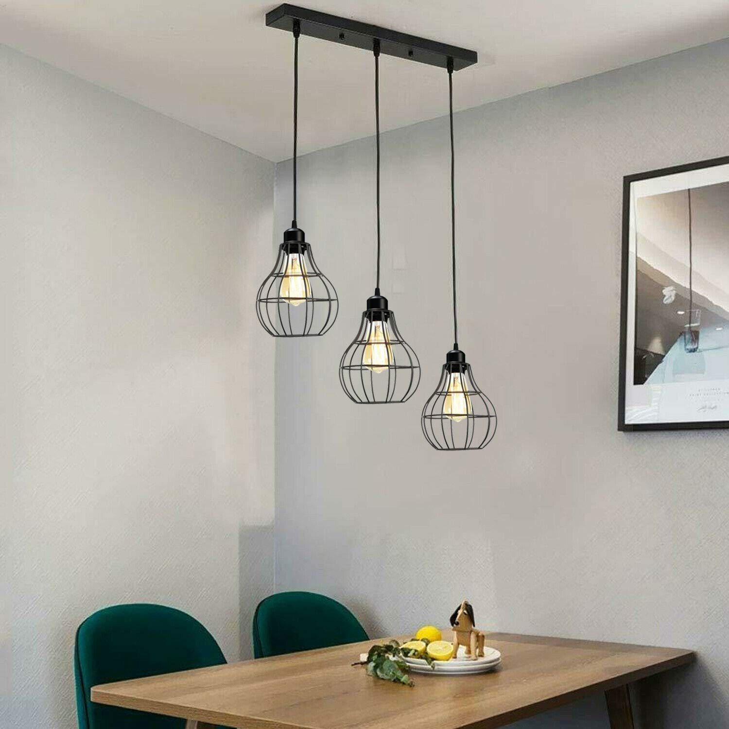 LEDSone Vintage Retro 3 Way Ceiling Pendant Light Cluster Light Fitting Black Diamond Shaped Wire Cage Lampshades - Image 2